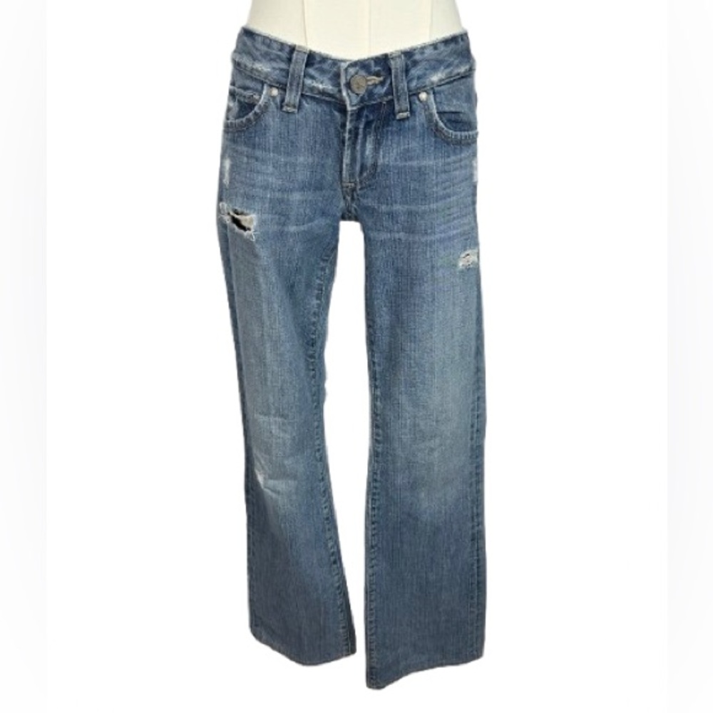 PAIGE Blue Distressed Wide Leg Jeans